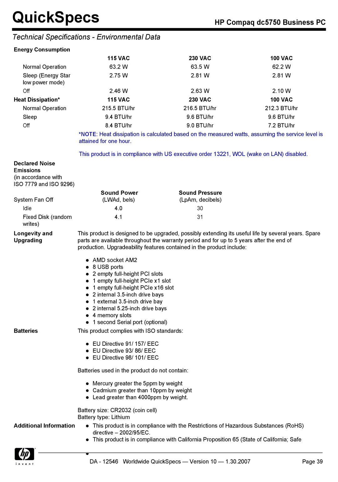 Compaq dc5750 manual QuickSpecs 