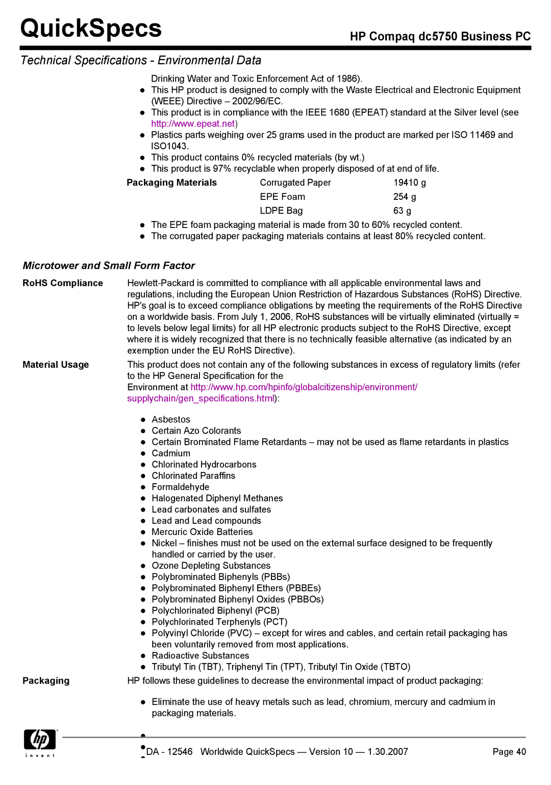 Compaq dc5750 manual RoHS Compliance, Material Usage 