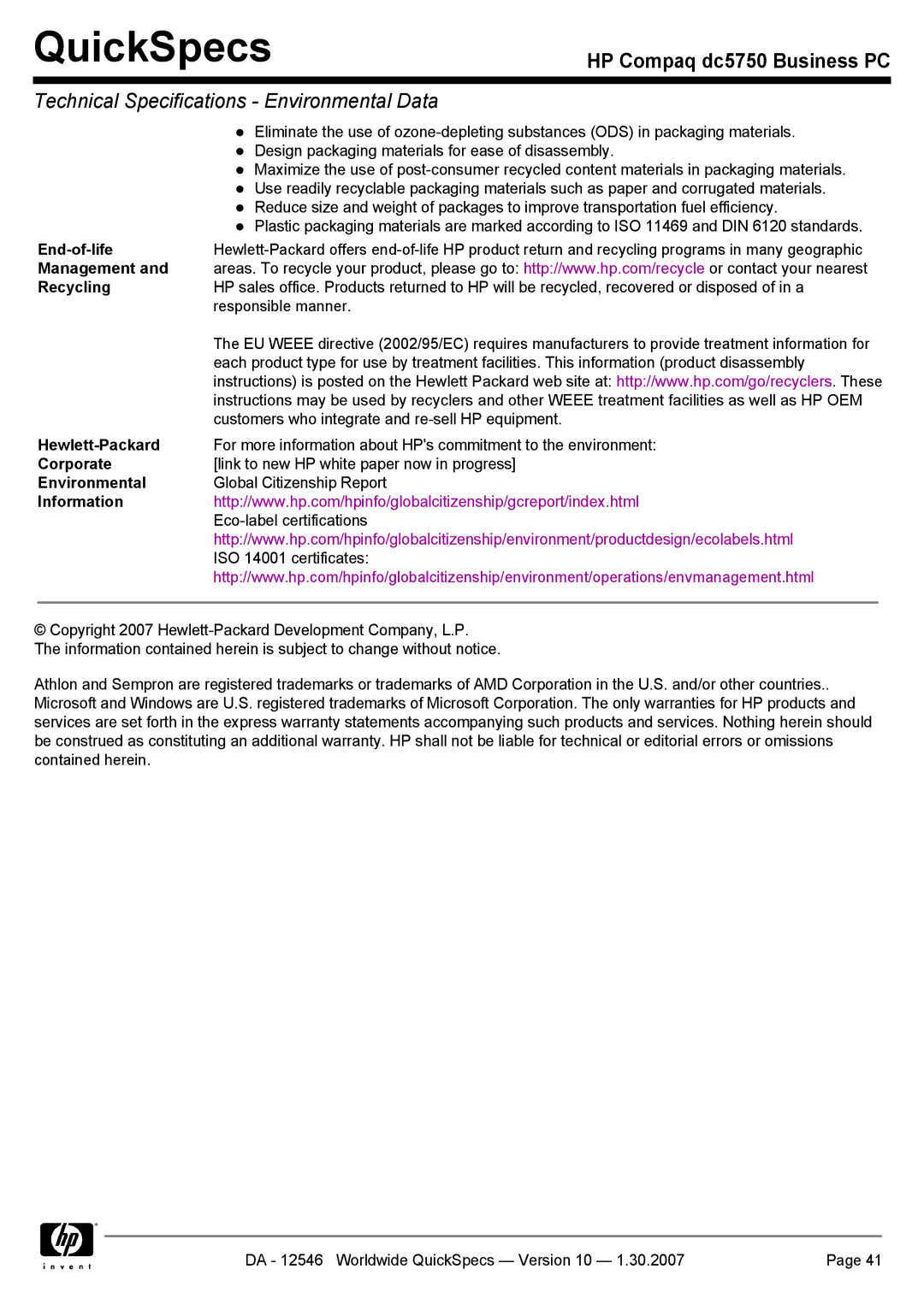 Compaq dc5750 manual End-of-life, Management Recycling, Hewlett-Packard, Corporate, Information 