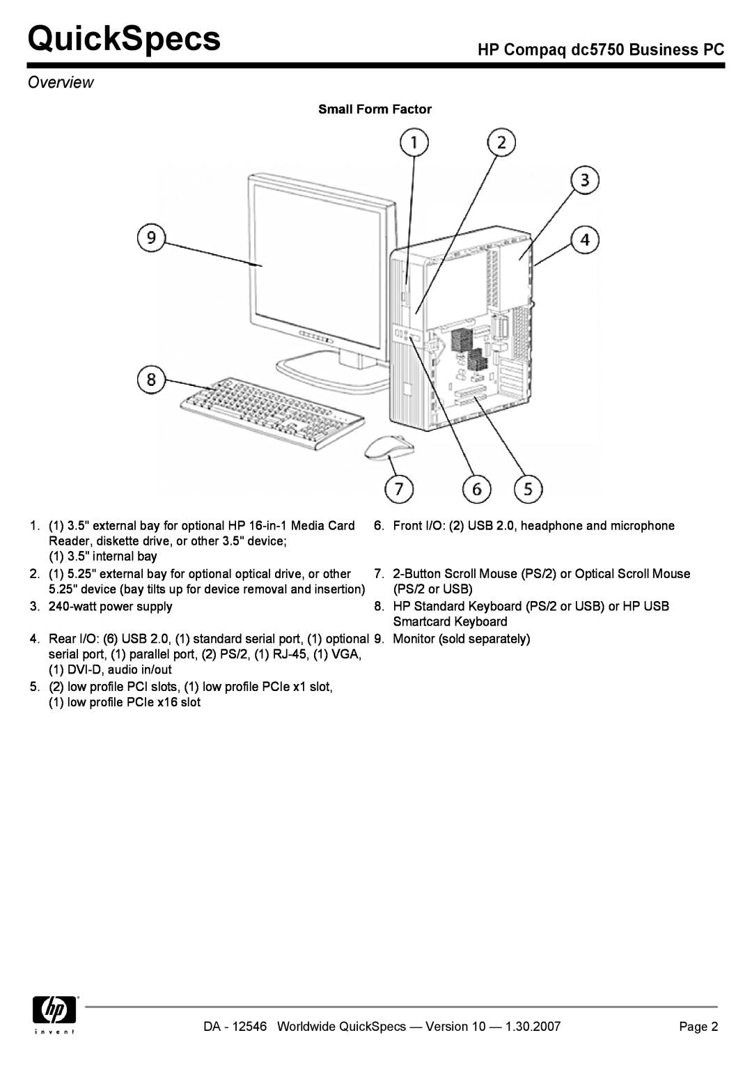 Compaq manual QuickSpecs, HP Compaq dc5750 Business PC, Overview, Small Form Factor 