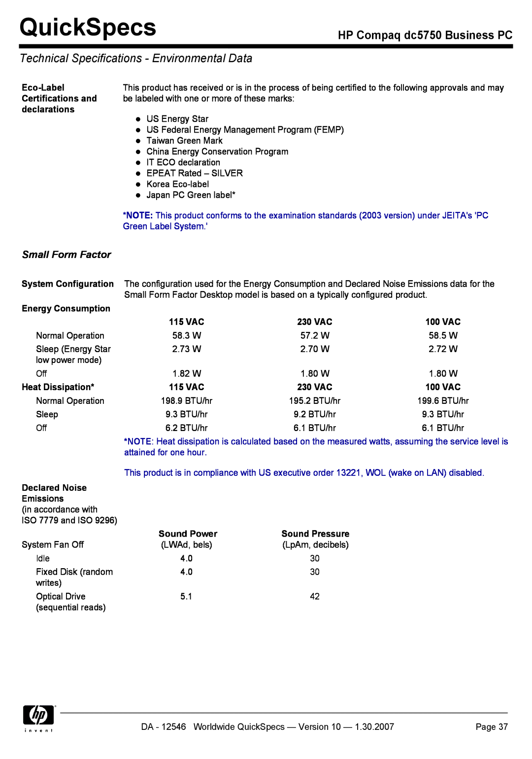 Compaq dc5750 manual Technical Specifications - Environmental Data, Small Form Factor, Green Label System, QuickSpecs 