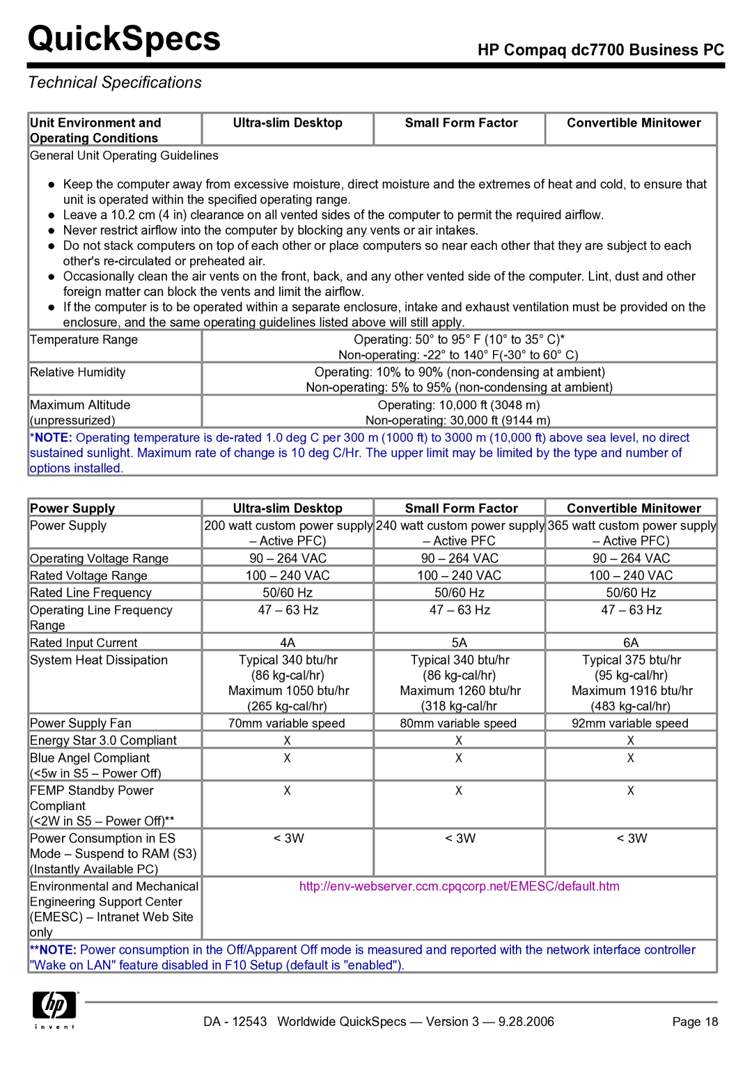 Compaq dc7700 manual Technical Specifications, Http//env-webserver.ccm.cpqcorp.net/EMESC/default.htm 