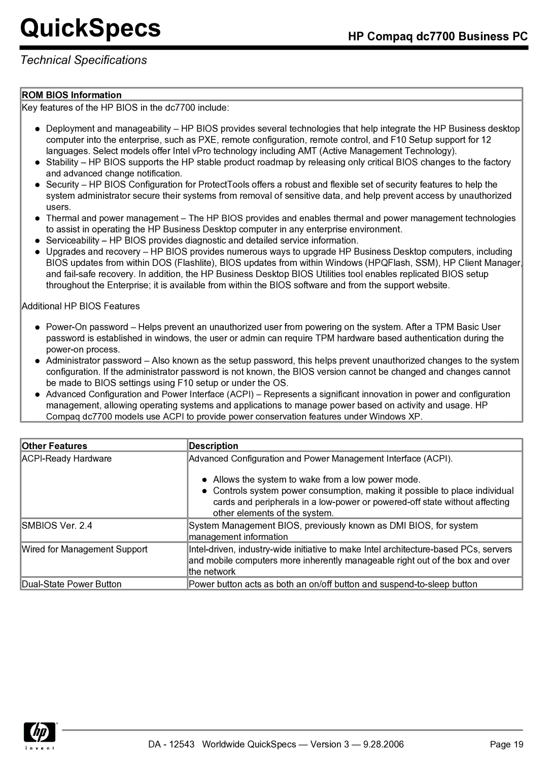 Compaq dc7700 manual ROM Bios Information, Other Features Description 