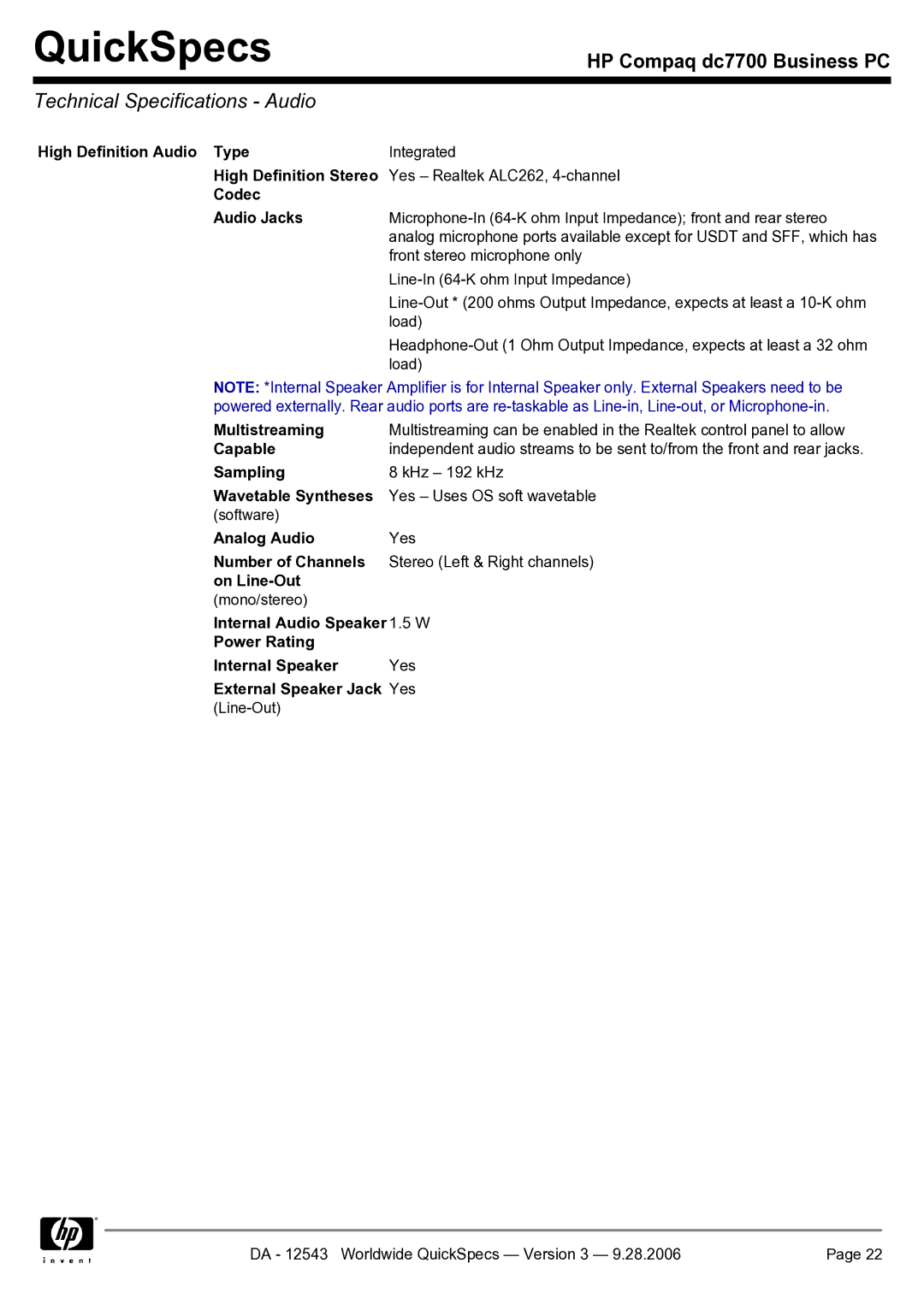 Compaq dc7700 manual Technical Specifications Audio, High Definition Audio Type, Codec Audio Jacks 