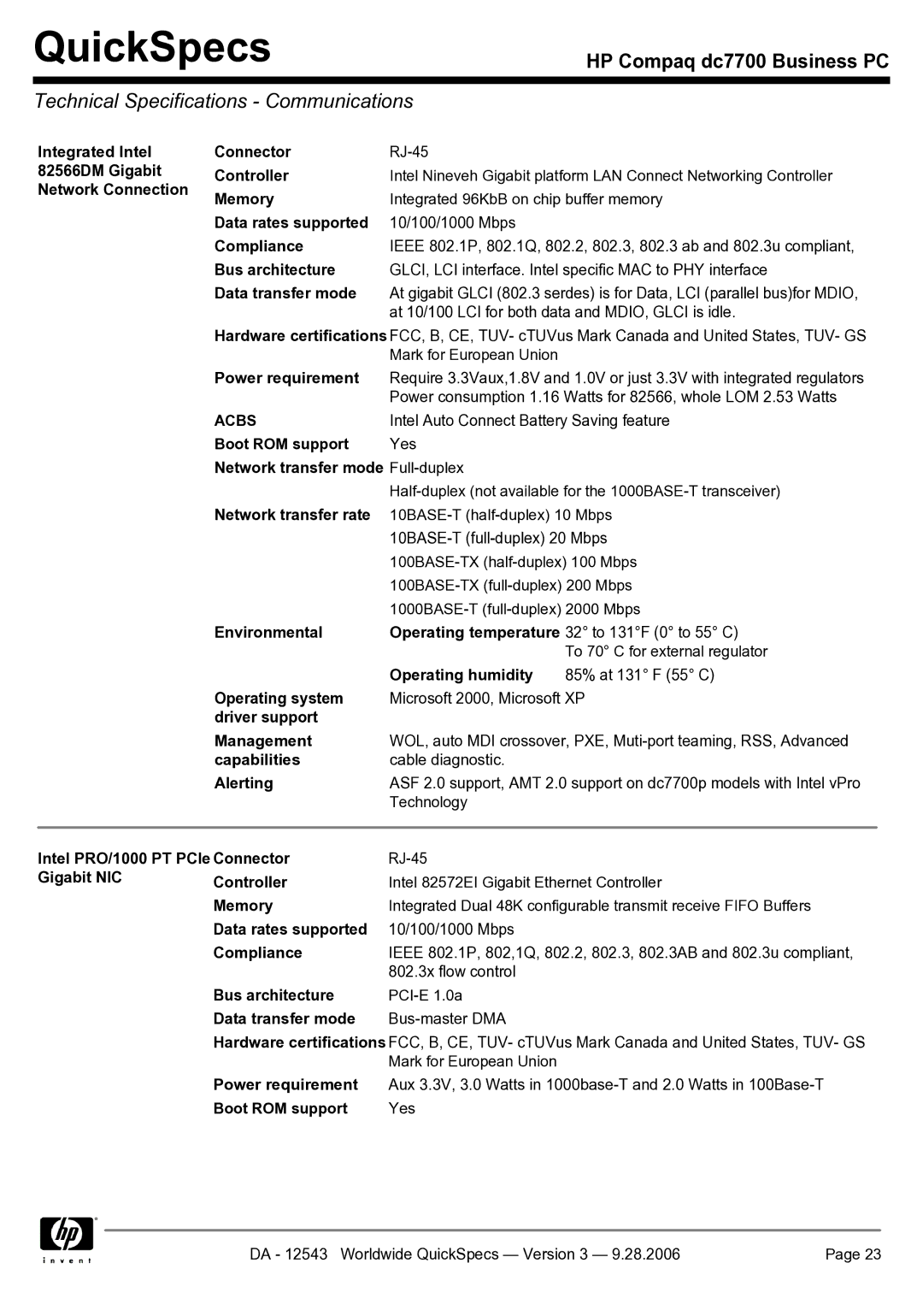 Compaq dc7700 manual Technical Specifications Communications, Acbs 