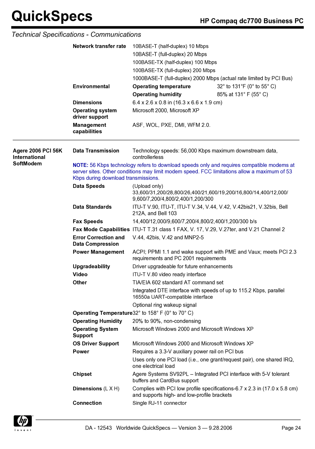 Compaq dc7700 Network transfer rate, Environmental Operating temperature, Data Speeds, Data Standards, Fax Speeds, Video 