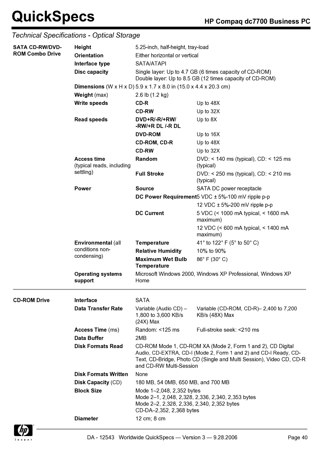 Compaq dc7700 manual Dvd+R/-R/+Rw, Sata 