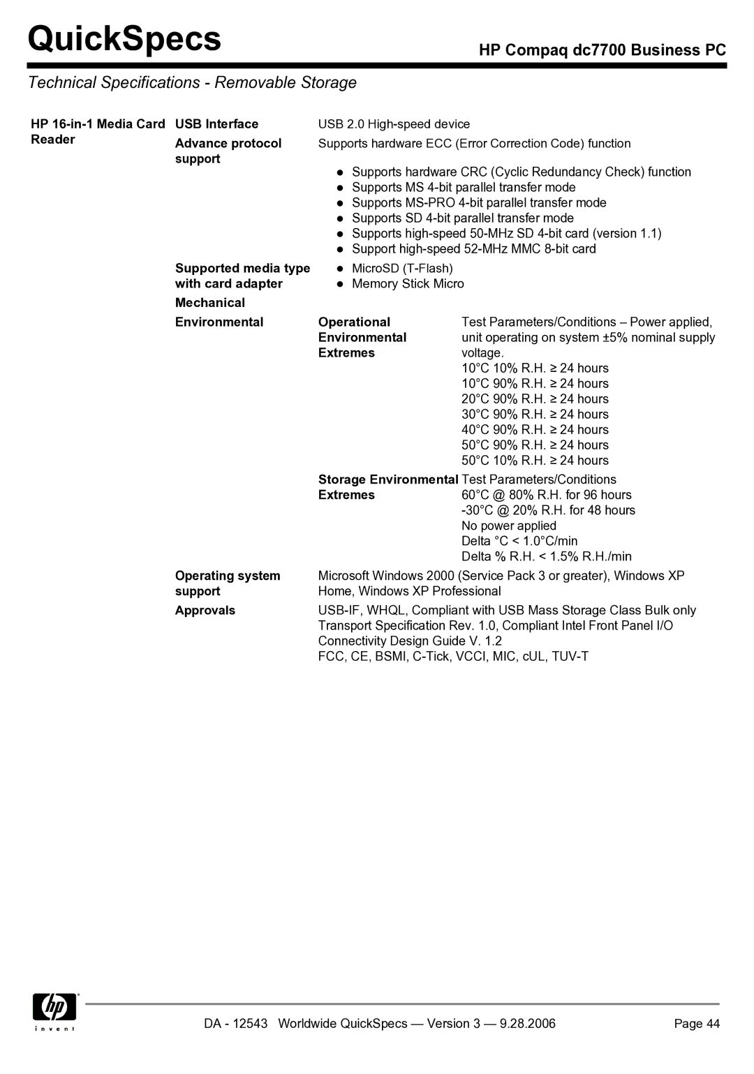 Compaq dc7700 manual Technical Specifications Removable Storage 