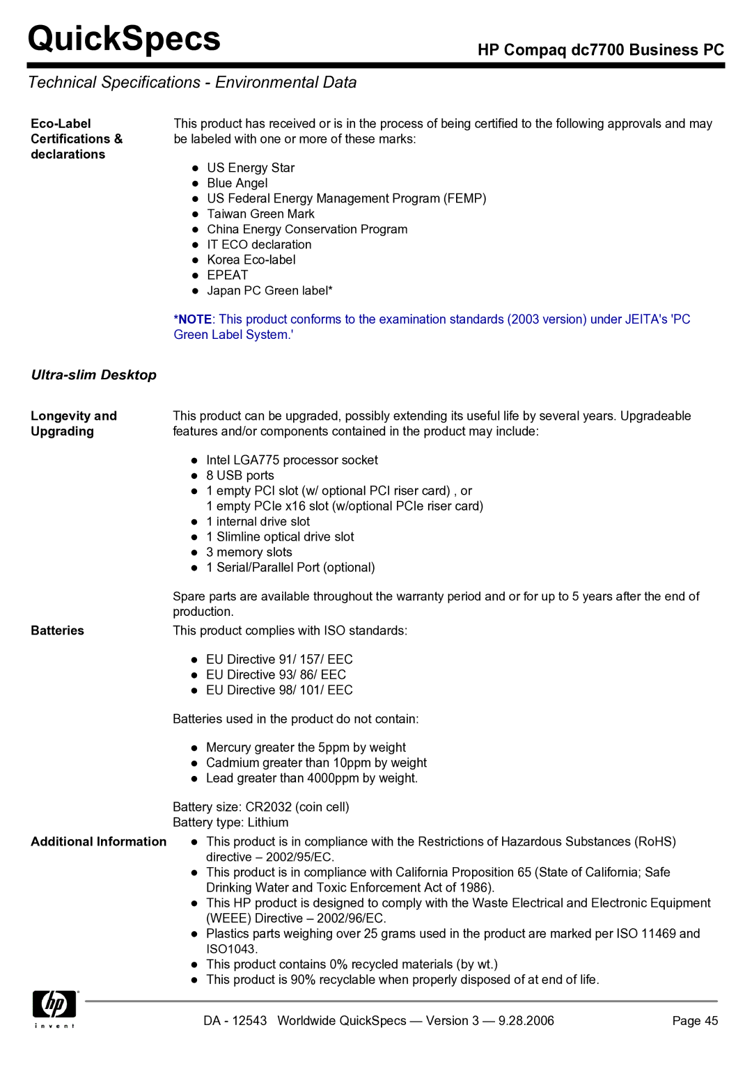 Compaq dc7700 manual Technical Specifications Environmental Data 