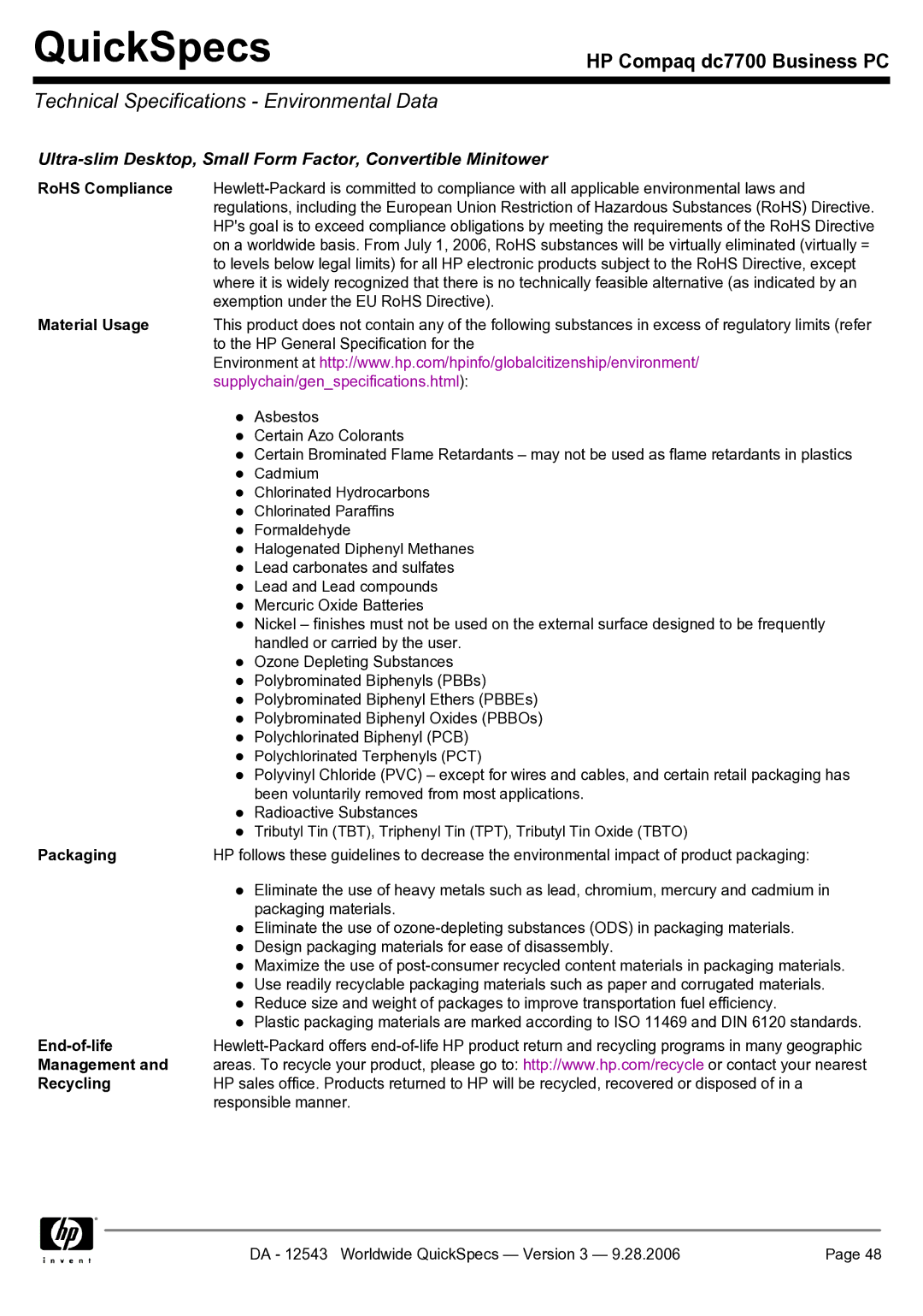 Compaq dc7700 manual RoHS Compliance, Material Usage, Packaging, End-of-life, Management Recycling 