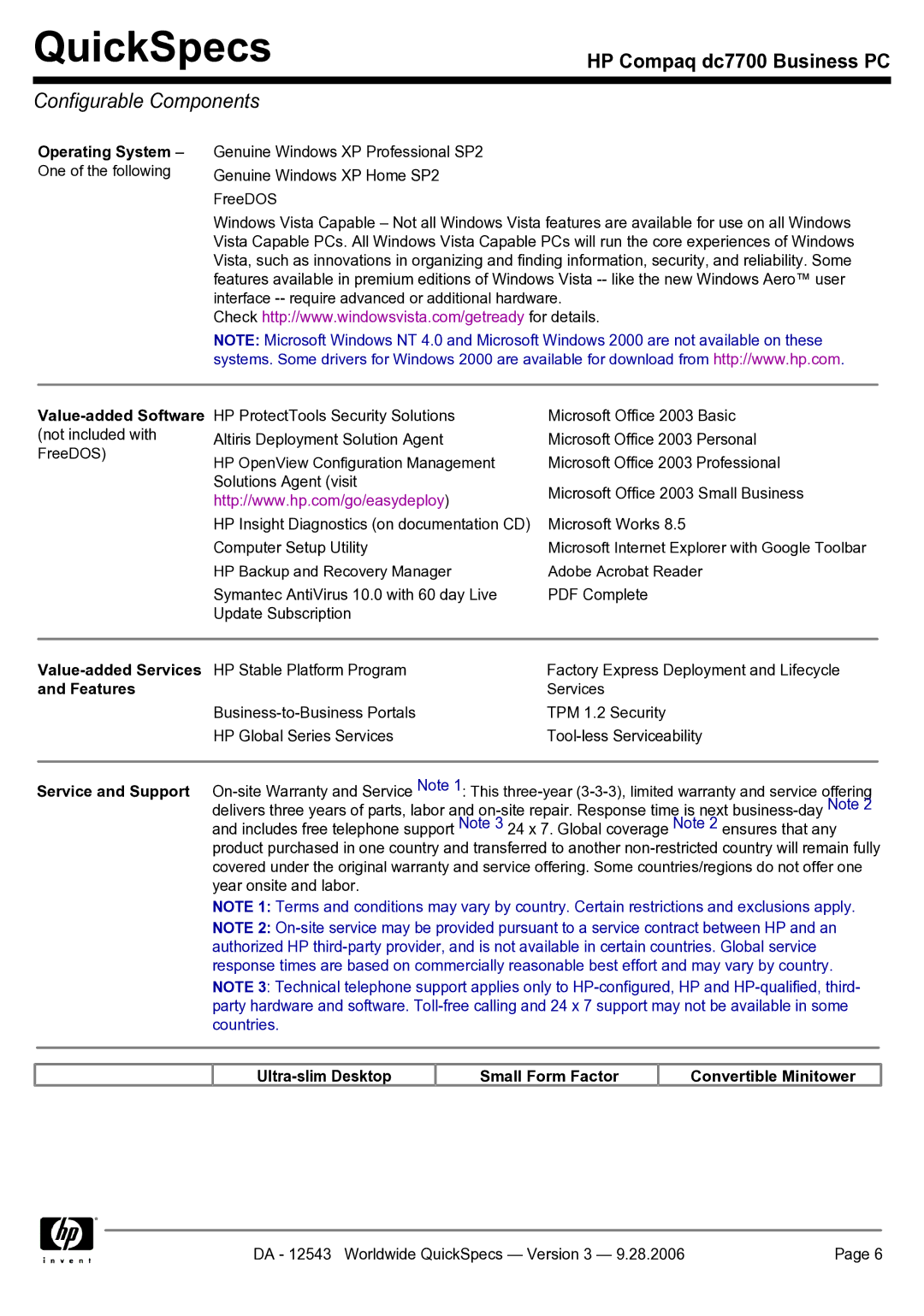 Compaq dc7700 manual Configurable Components, Operating System One of the following, Features 