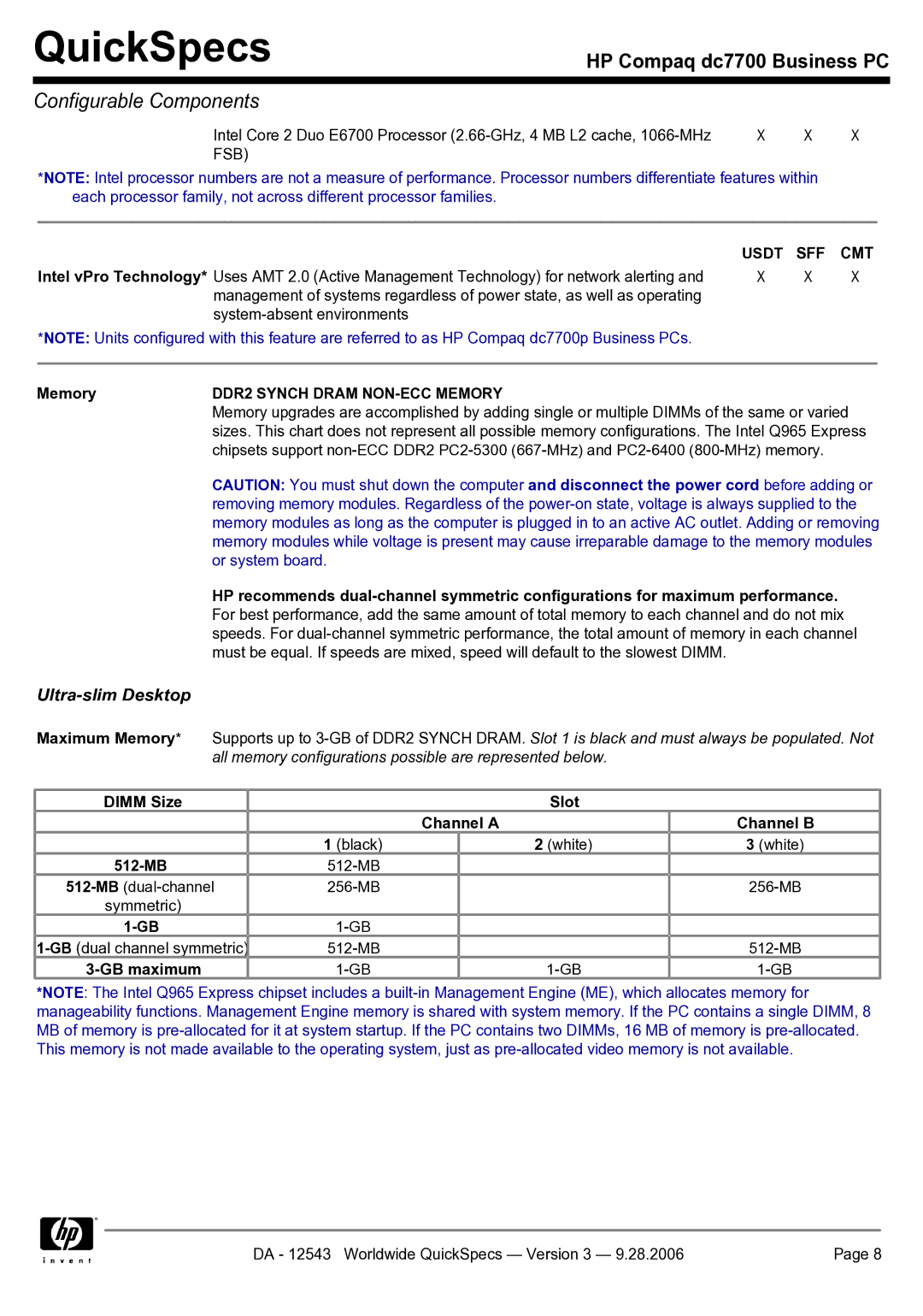 Compaq dc7700 manual DDR2 Synch Dram NON-ECC Memory, Dimm Size Slot Channel a Channel B, 512-MB, GB maximum 