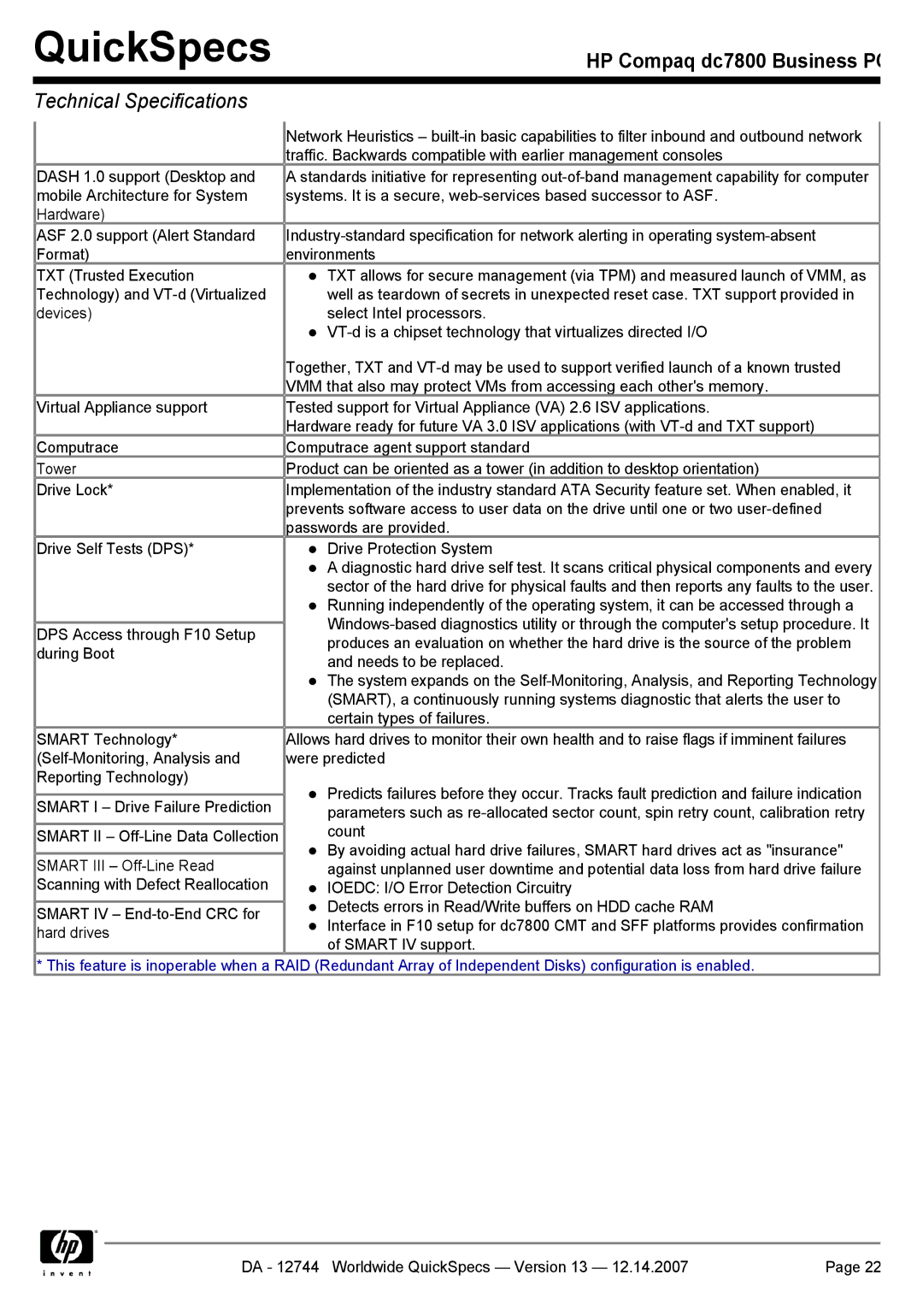 Compaq dc7800 manual QuickSpecs 