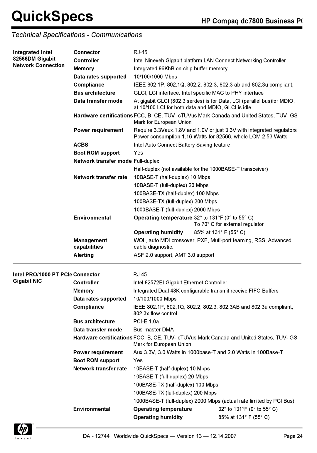 Compaq dc7800 manual Technical Specifications Communications 