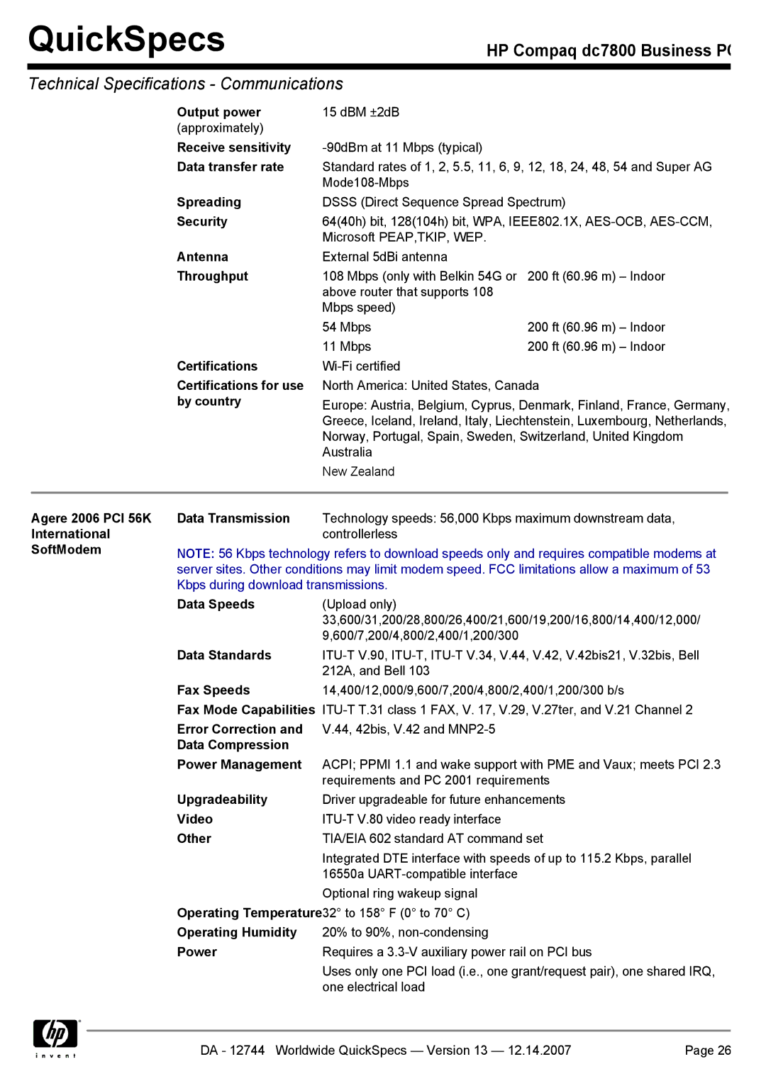 Compaq dc7800 Output power, Receive sensitivity, Data transfer rate, Spreading, Antenna, Throughput, Certifications, Video 