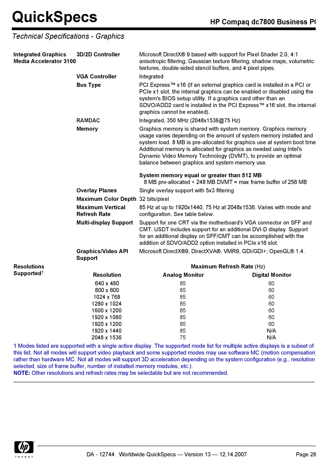 Compaq dc7800 manual Technical Specifications Graphics, Ramdac 