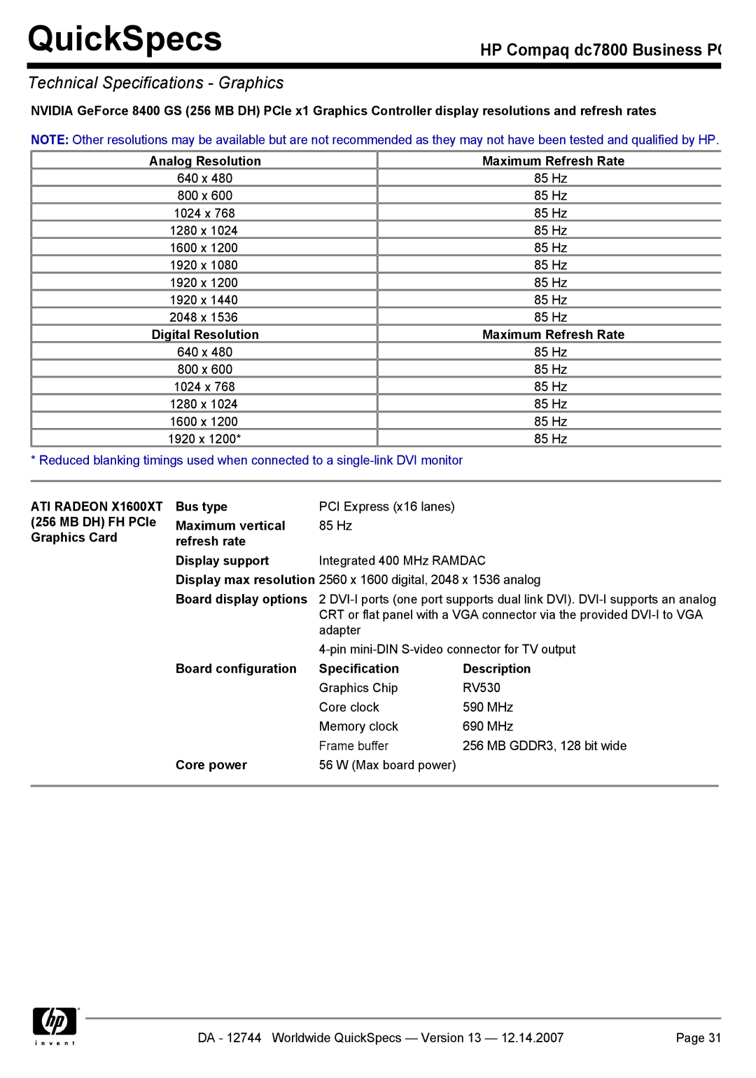 Compaq dc7800 manual ATI Radeon X1600XT, MB DH FH PCIe Maximum vertical, Graphics Card Refresh rate Display support 