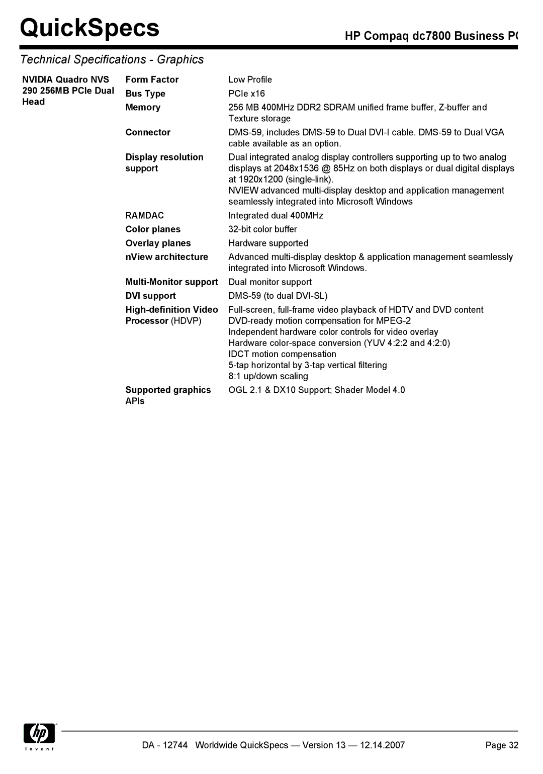 Compaq dc7800 Nvidia Quadro NVS Form Factor, 290 256MB PCIe Dual Bus Type, Head Memory, Display resolution, Support, APIs 