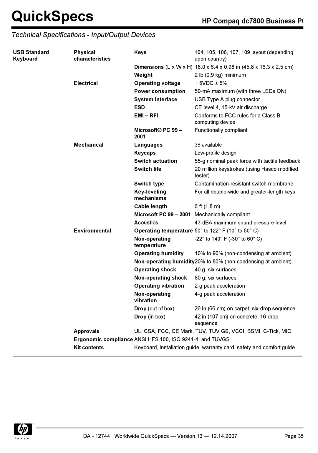 Compaq dc7800 manual Technical Specifications Input/Output Devices, Esd, Emi Rfi 