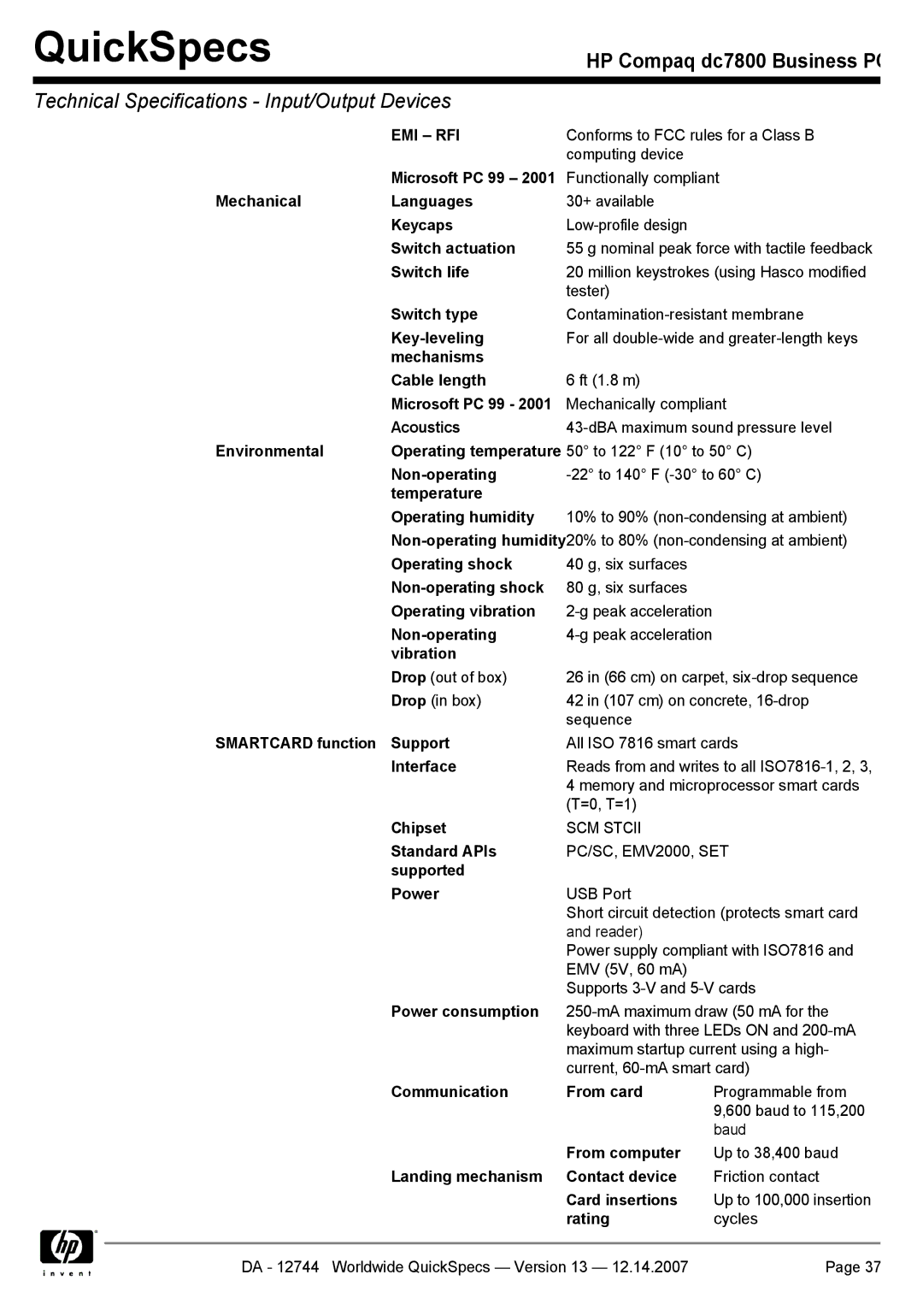 Compaq dc7800 Environmental, Smartcard function Support, Standard APIs, Supported Power, Communication From card, Rating 