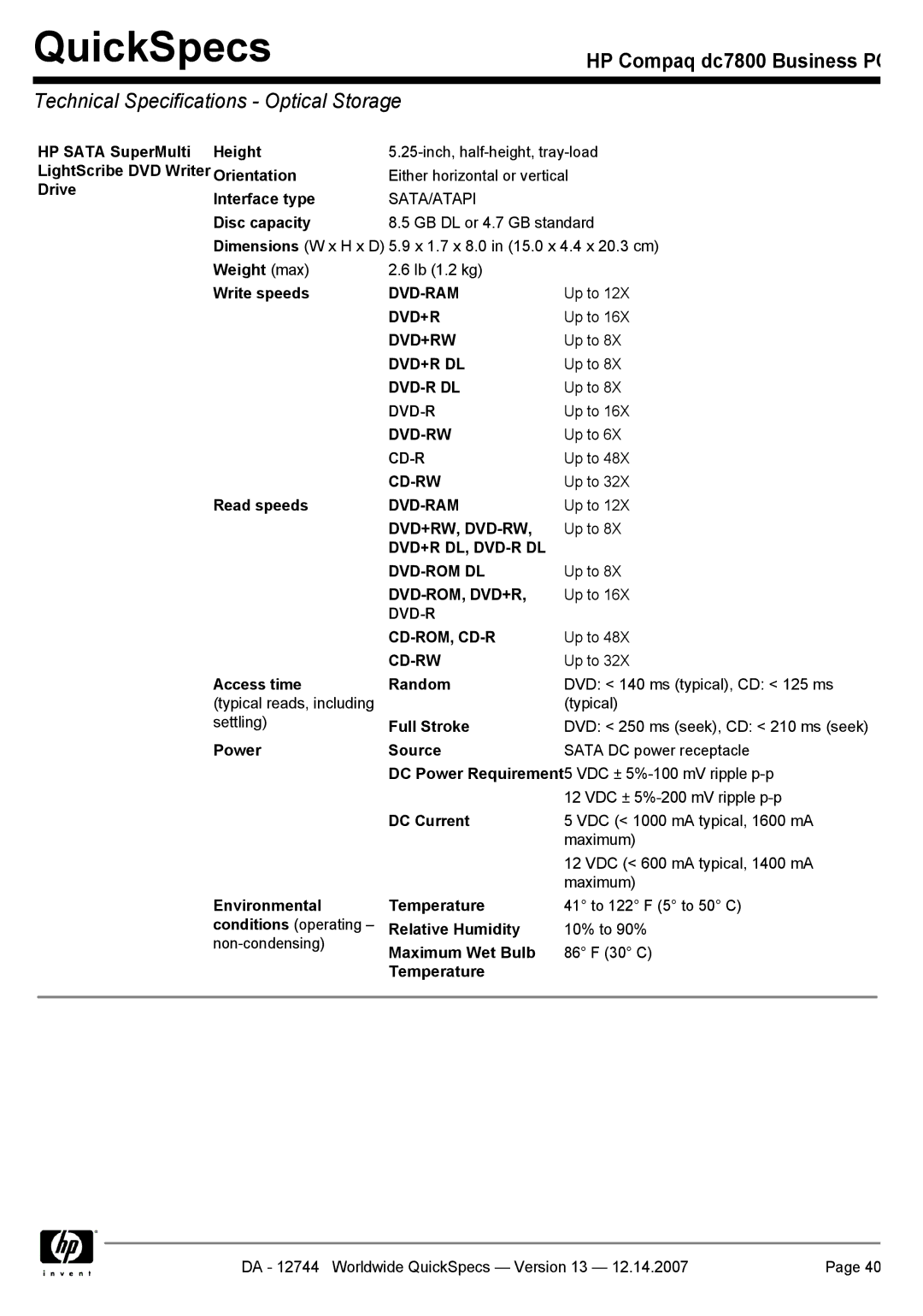 Compaq dc7800 manual Technical Specifications Optical Storage 