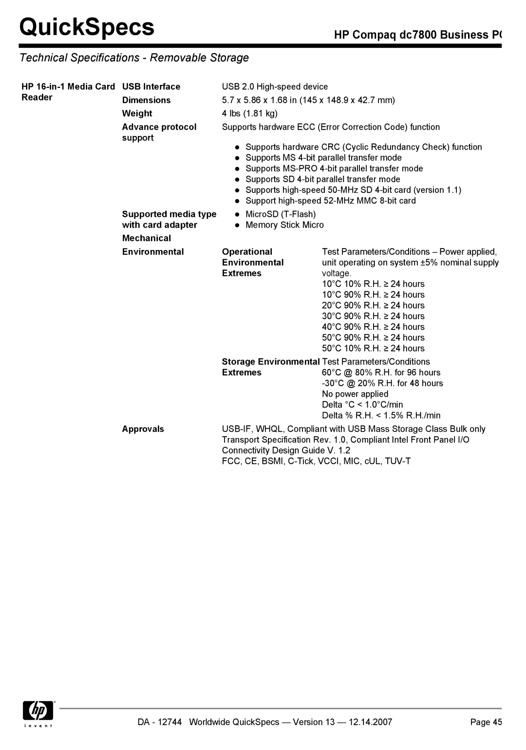 Compaq dc7800 manual Technical Specifications Removable Storage 