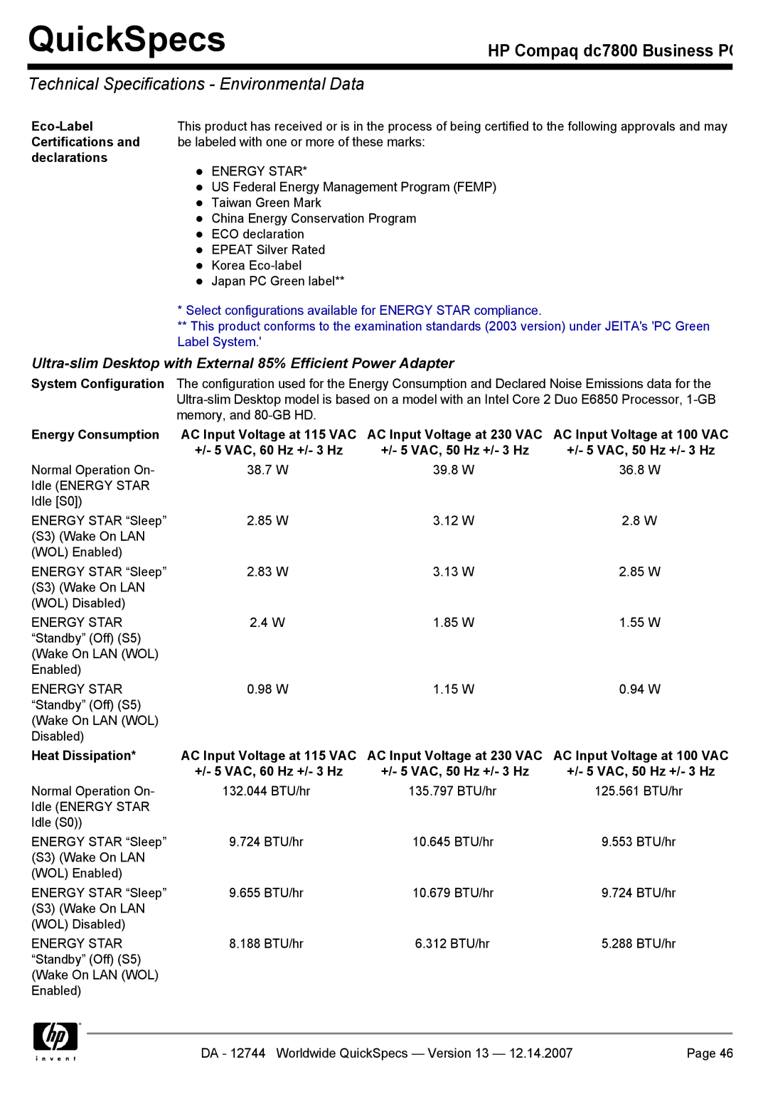 Compaq dc7800 manual Technical Specifications Environmental Data, Eco-Label, Declarations 