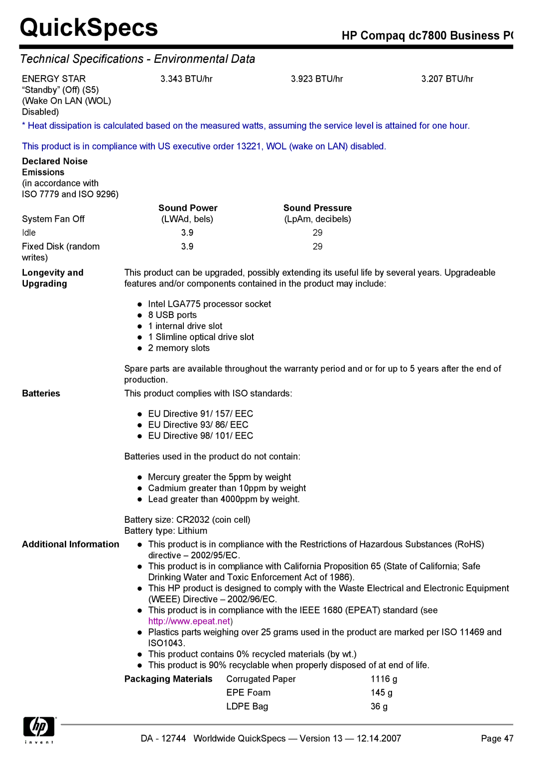 Compaq dc7800 manual Declared Noise Emissions, Sound Power Sound Pressure, Longevity, Upgrading, Batteries 