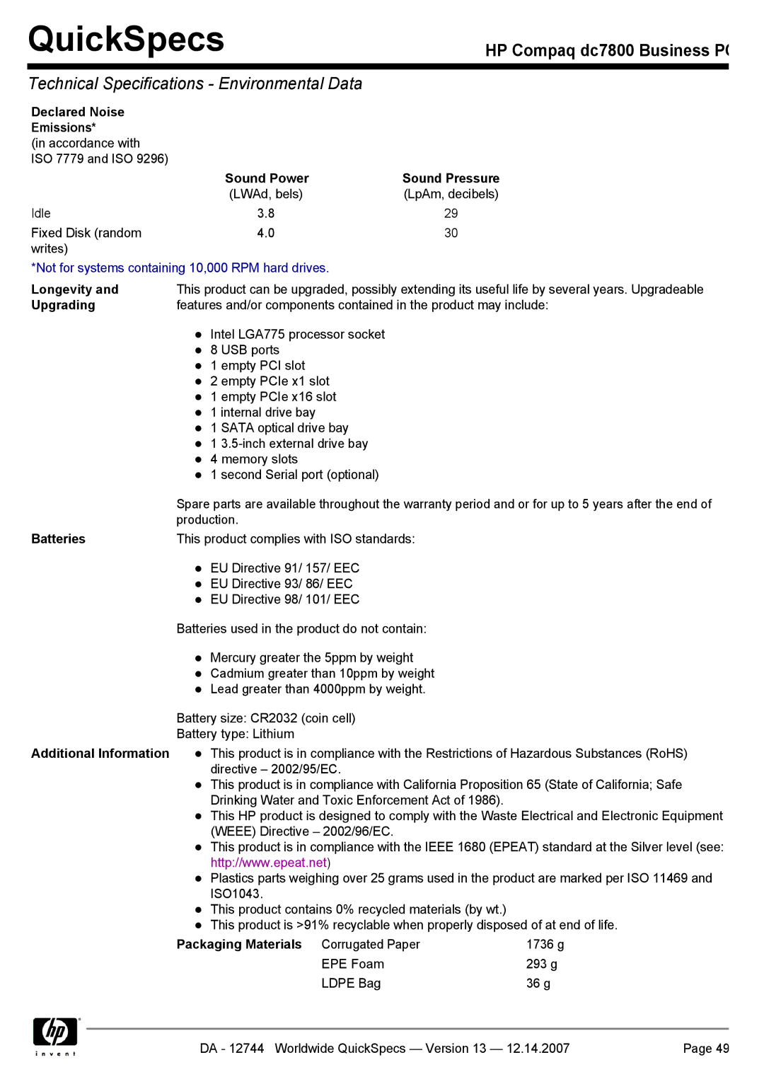 Compaq dc7800 manual Not for systems containing 10,000 RPM hard drives 