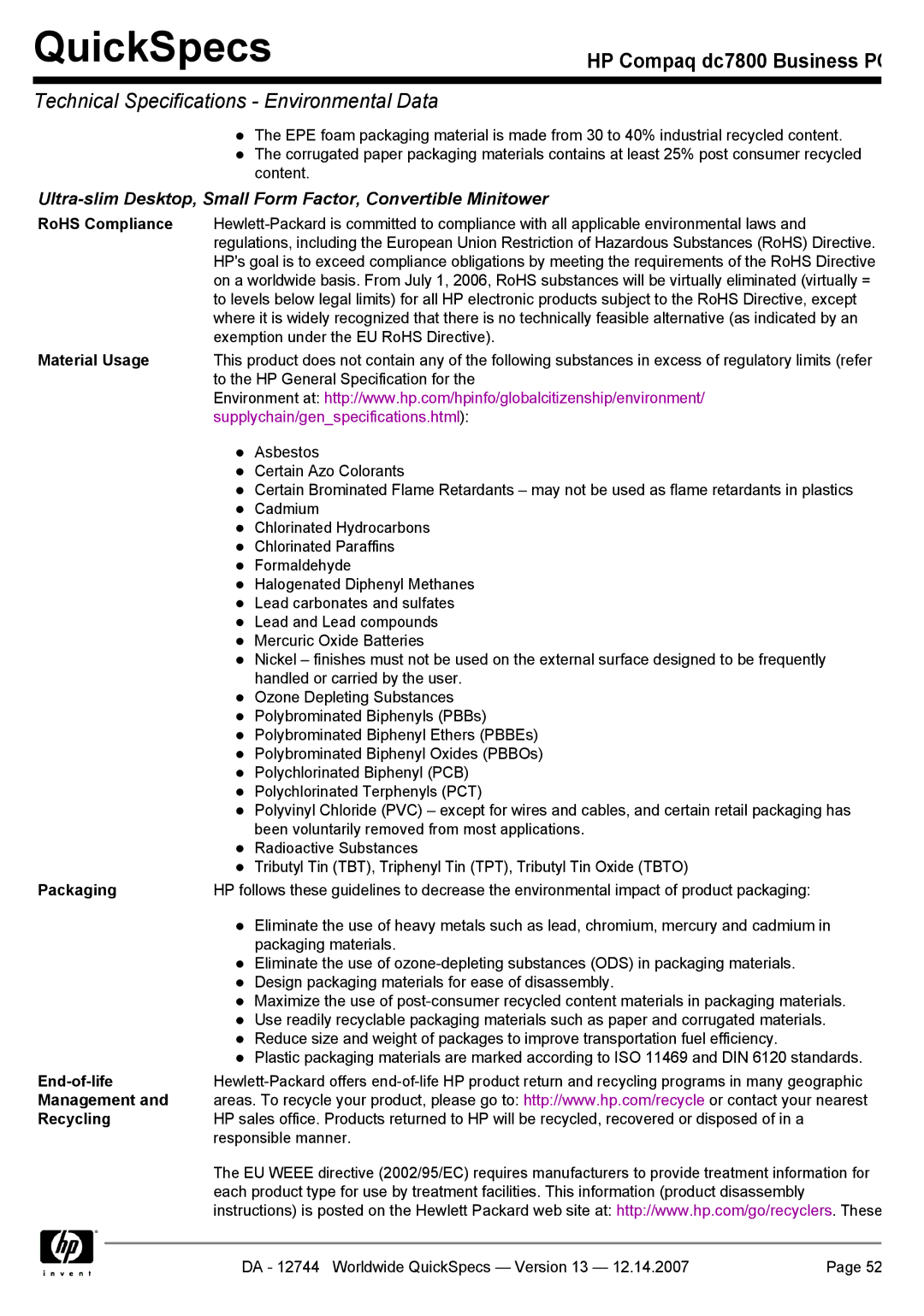 Compaq dc7800 manual RoHS Compliance, Material Usage, Packaging, End-of-life, Management Recycling 