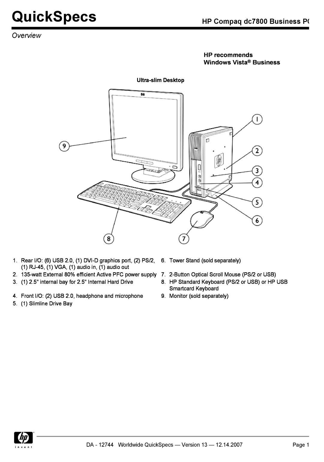 Compaq manual QuickSpecs, HP Compaq dc7800 Business PC, Overview, HP recommends Windows Vista Business 