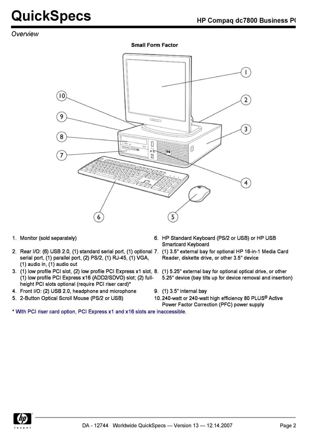 Compaq manual QuickSpecs, HP Compaq dc7800 Business PC, Overview, Small Form Factor 