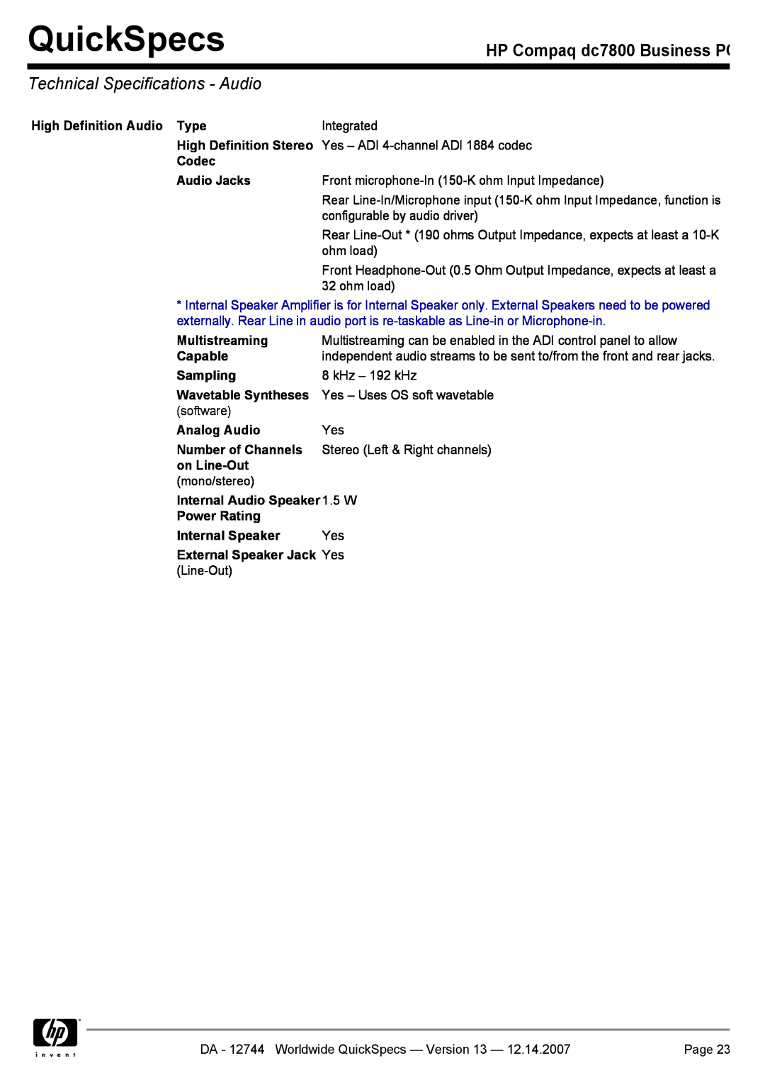 Compaq manual Technical Specifications - Audio, QuickSpecs, HP Compaq dc7800 Business PC 
