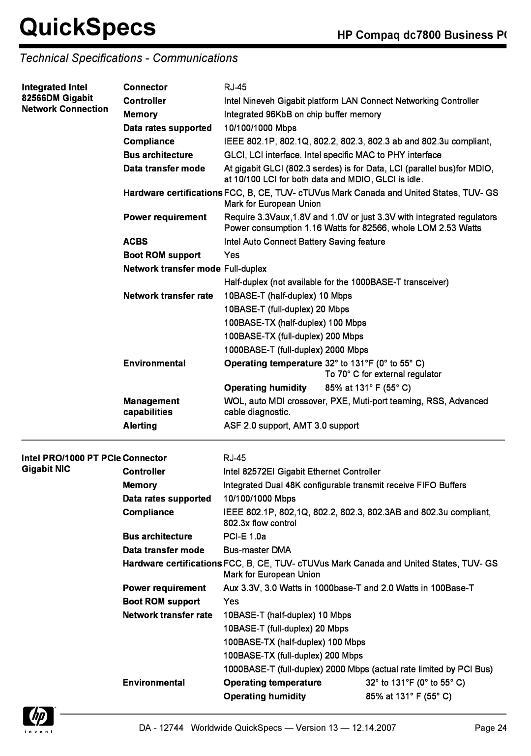 Compaq manual Technical Specifications - Communications, QuickSpecs, HP Compaq dc7800 Business PC 