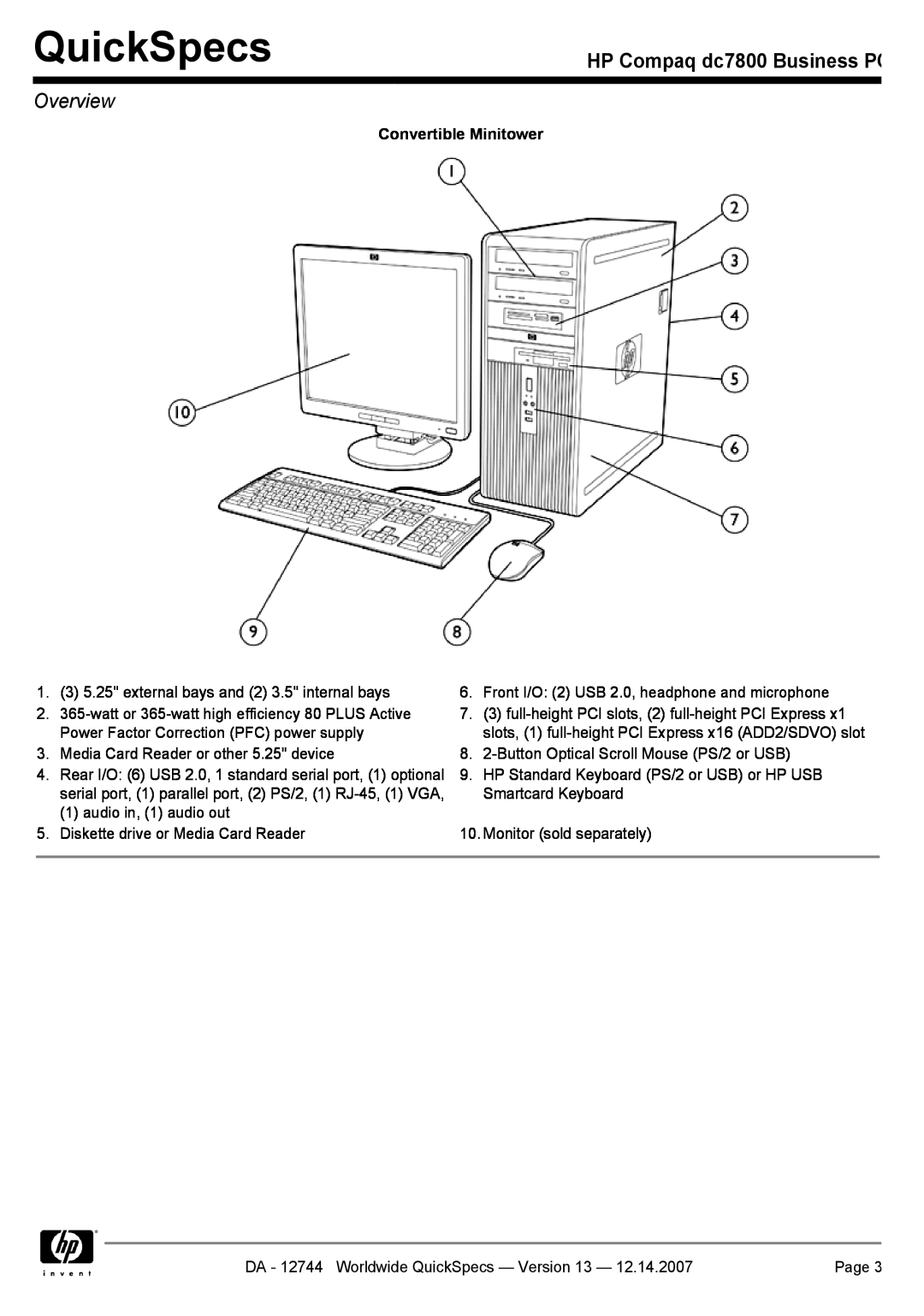 Compaq manual QuickSpecs, HP Compaq dc7800 Business PC, Overview, Convertible Minitower 