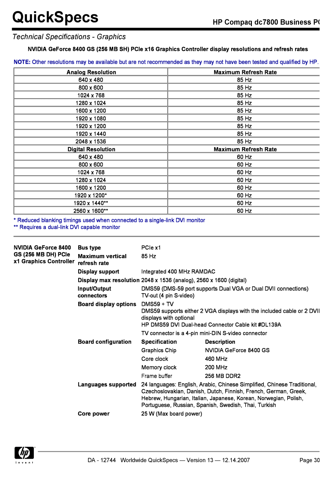 Compaq manual QuickSpecs, HP Compaq dc7800 Business PC, Technical Specifications - Graphics 