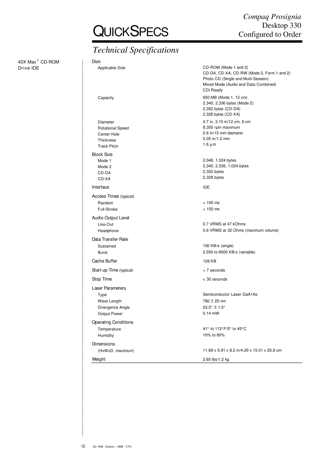 Compaq DESKTOP 330 specifications 40X Max 4 CD-ROM Drive IDE Disk 