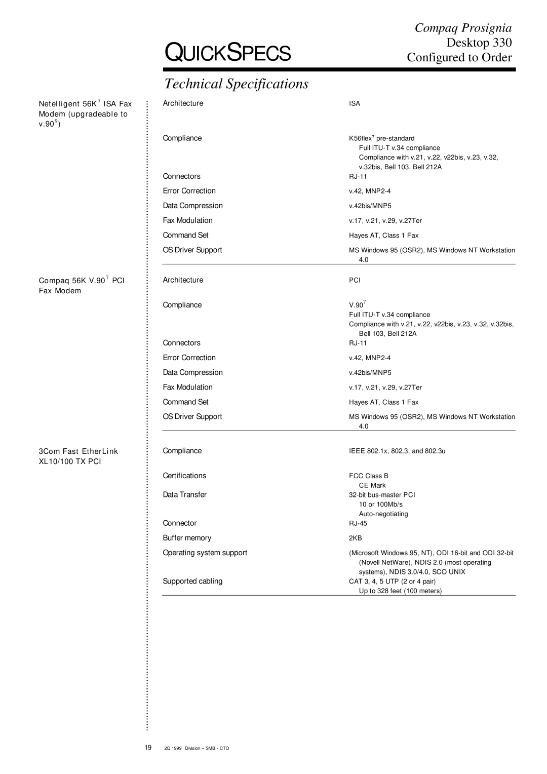 Compaq DESKTOP 330 Architecture, Compliance, Connectors, Error Correction, Data Compression, Fax Modulation, Command Set 