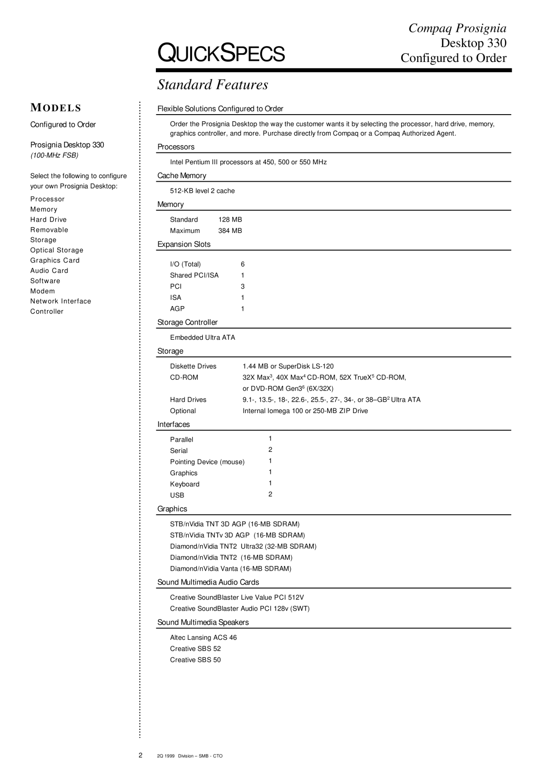 Compaq DESKTOP 330 specifications Standard Features 