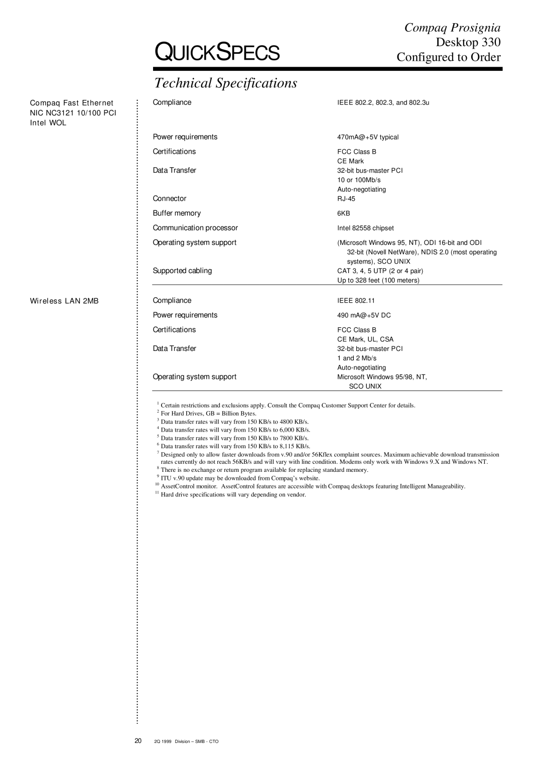 Compaq DESKTOP 330 specifications Power requirements, 6KB, Communication processor, SCO Unix 