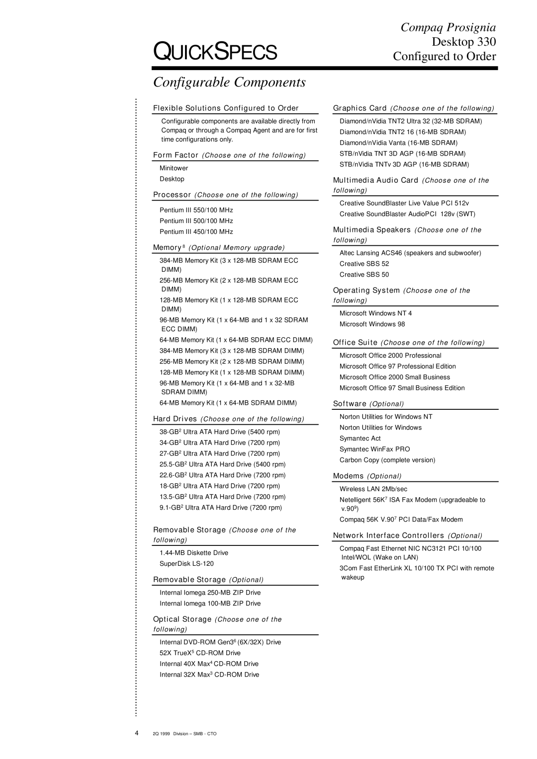 Compaq DESKTOP 330 specifications Configurable Components 