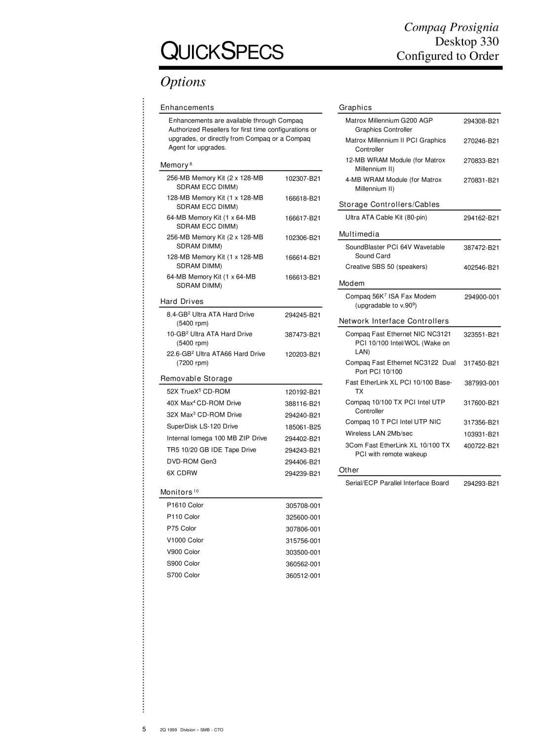 Compaq DESKTOP 330 specifications Options 