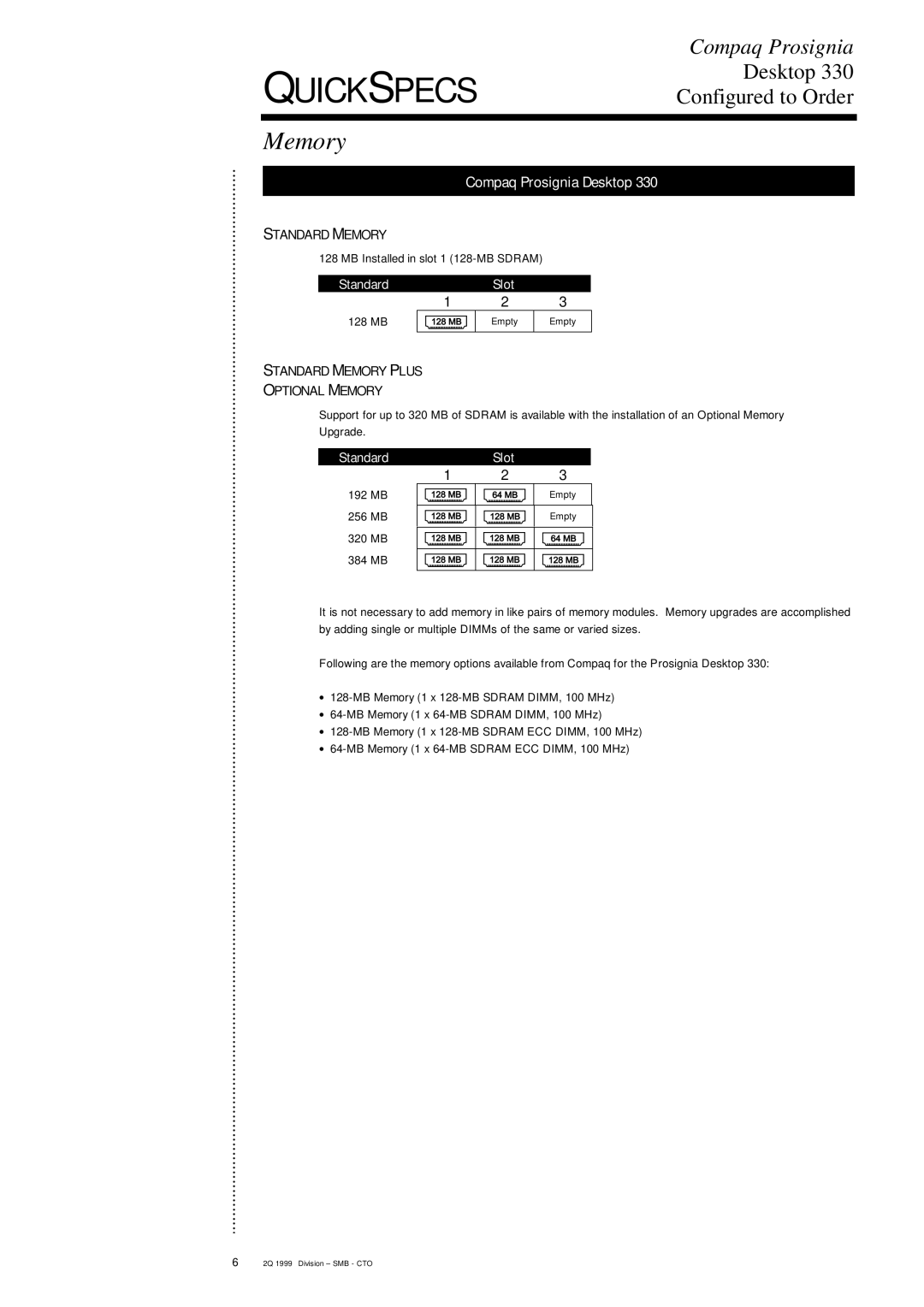 Compaq DESKTOP 330 specifications Memory, Compaq Prosignia Desktop 