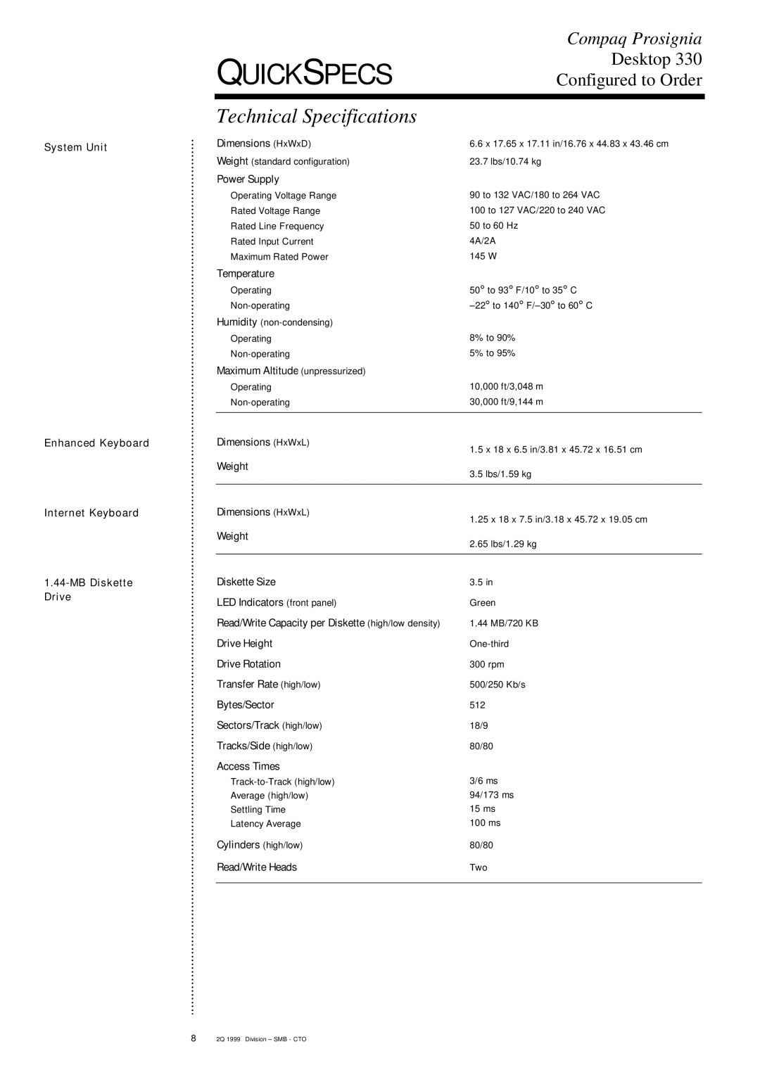 Compaq DESKTOP 330 specifications Technical Specifications 