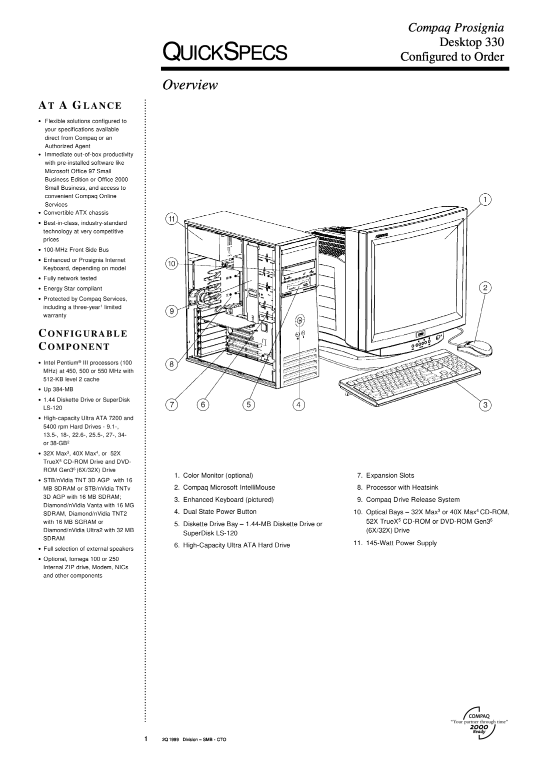 Compaq DESKTOP 330 specifications Quickspecs, Overview, Compaq Prosignia, Desktop, Configured to Order, A T A G L A N C E 