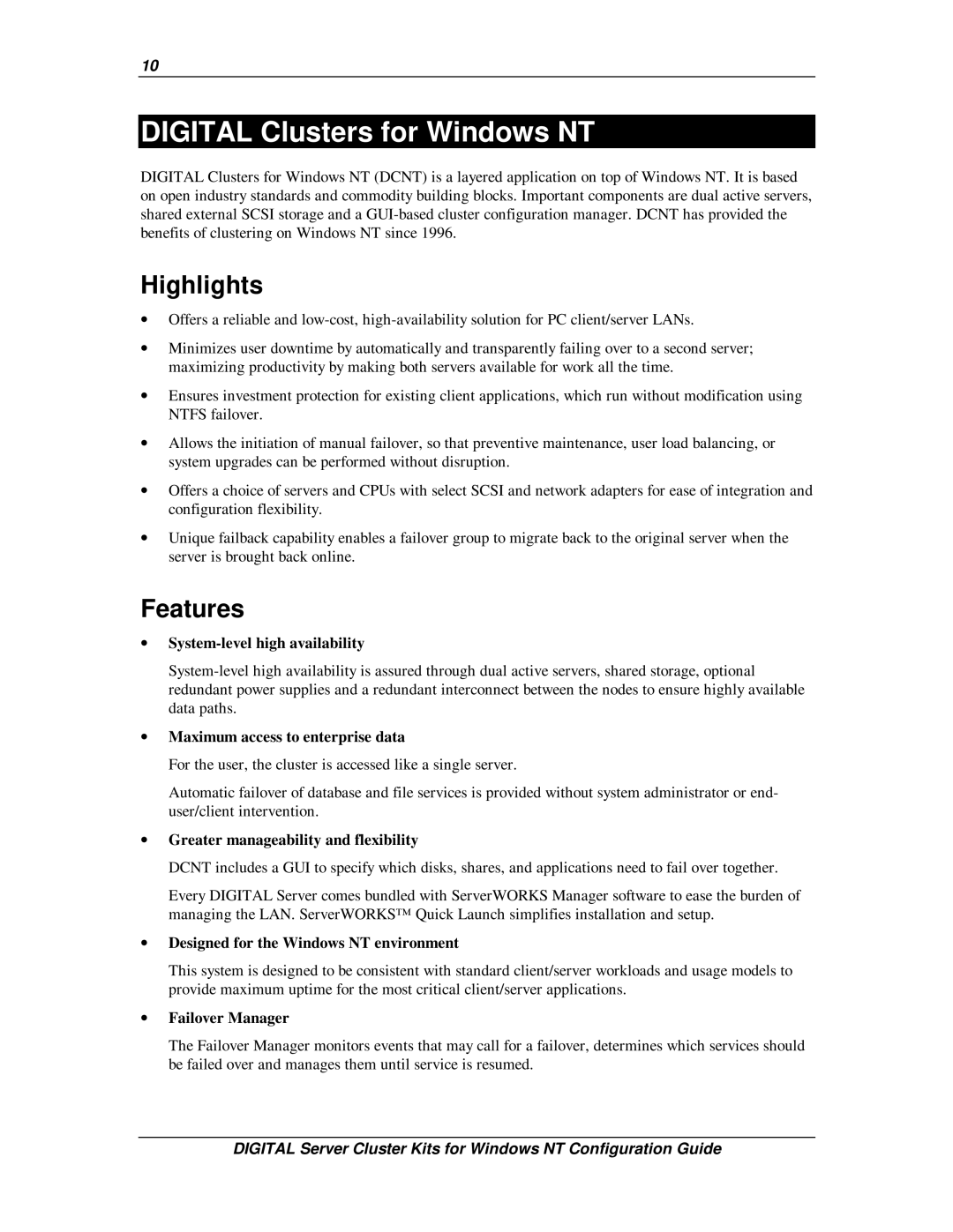 Compaq DIGITAL Server Cluster Kits for Windows NT manual Digital Clusters for Windows NT, Highlights, Features 