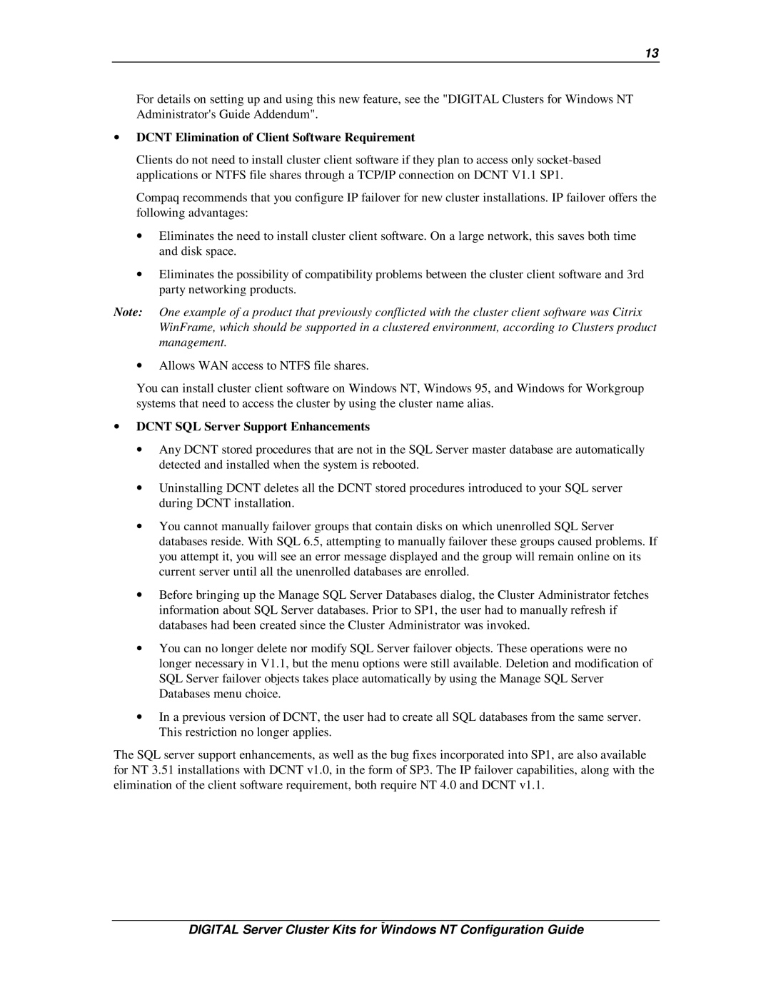 Compaq DIGITAL Server Cluster Kits for Windows NT manual ∙ Dcnt Elimination of Client Software Requirement 