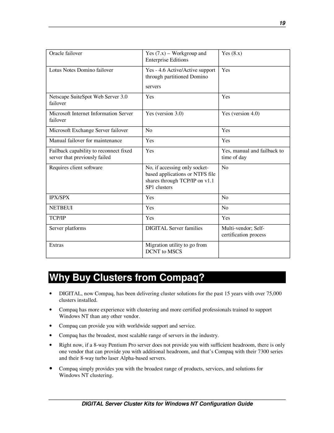 Compaq DIGITAL Server Cluster Kits for Windows NT manual Why Buy Clusters from Compaq?, Ipx/Spx, Netbeui, Tcp/Ip 