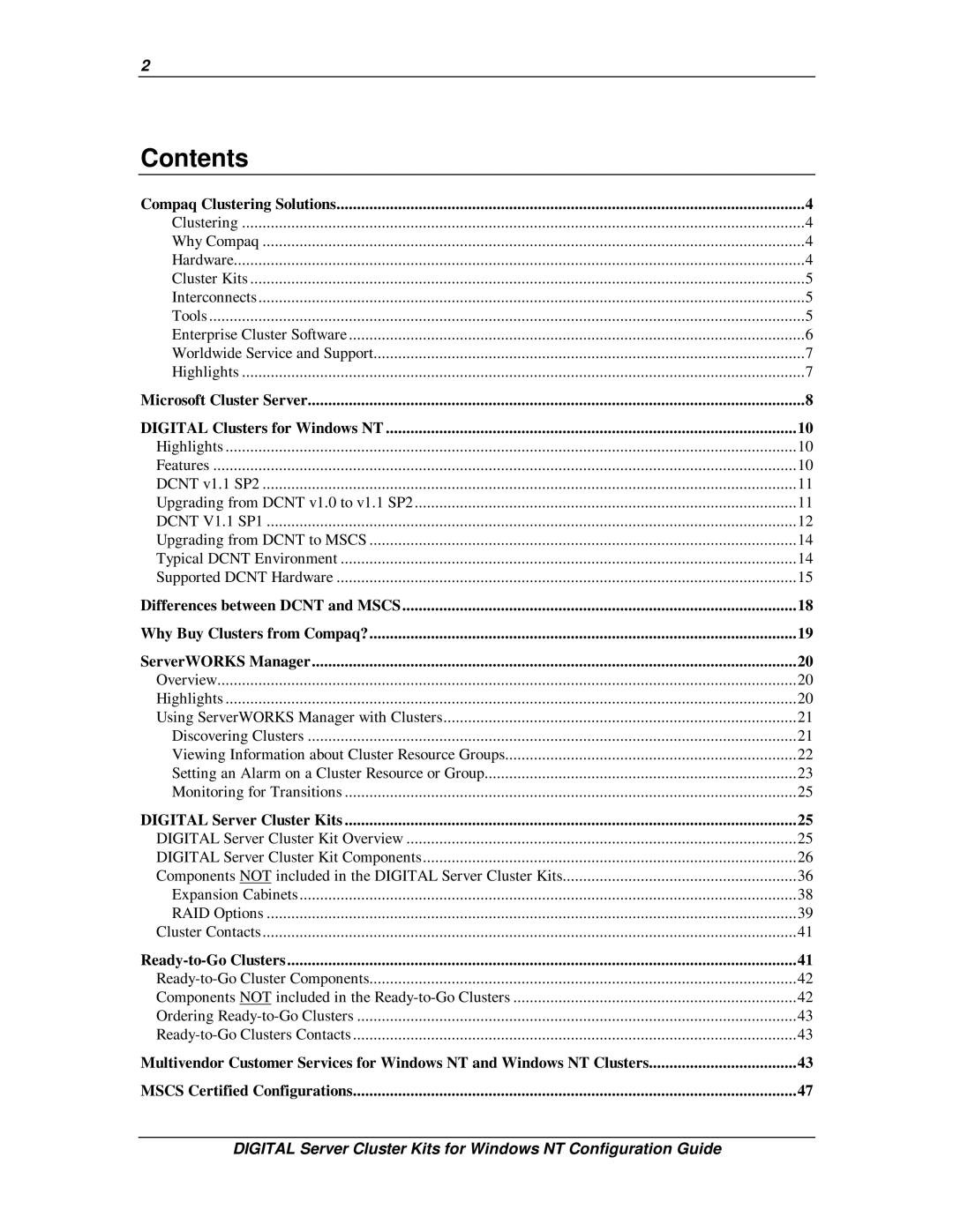 Compaq DIGITAL Server Cluster Kits for Windows NT manual Contents 