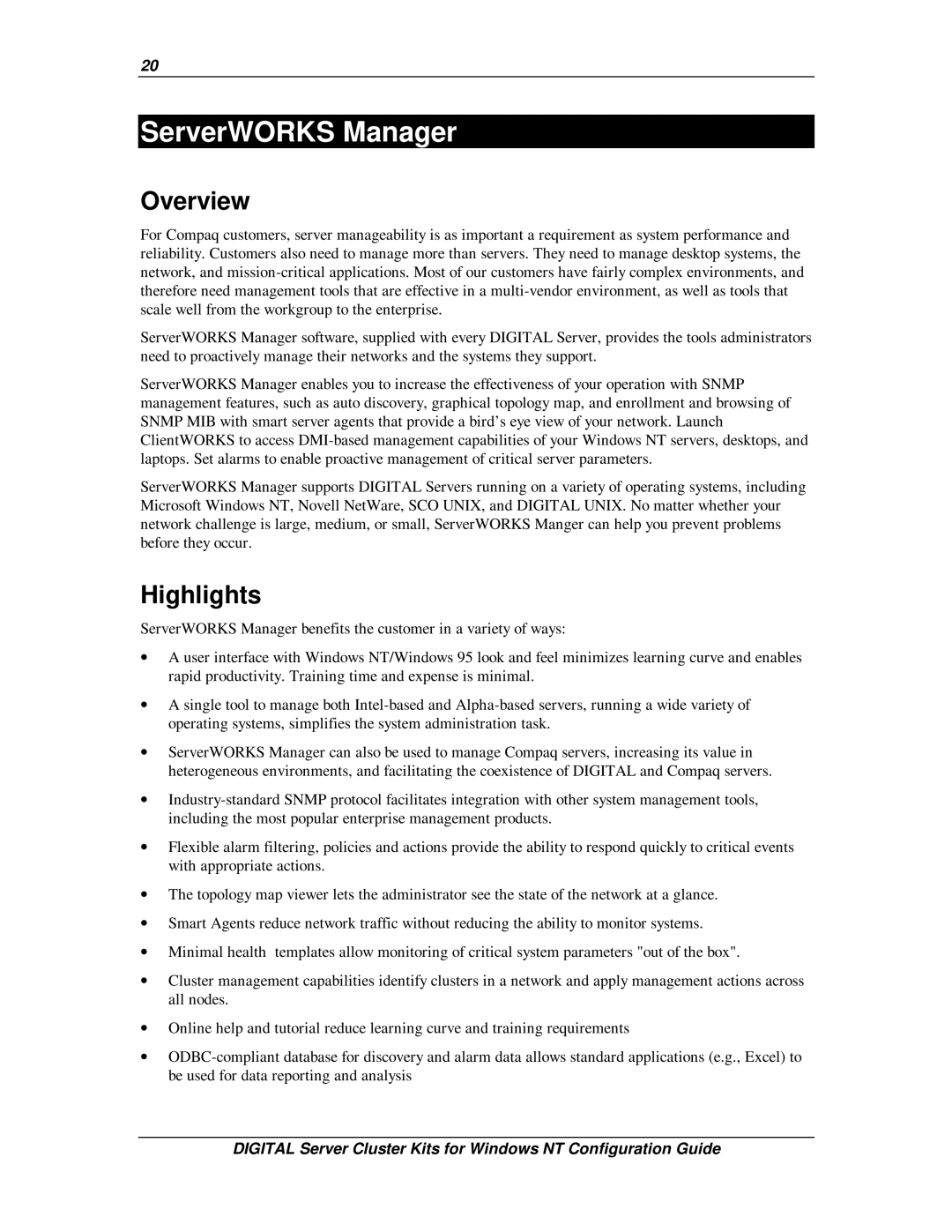 Compaq DIGITAL Server Cluster Kits for Windows NT manual ServerWORKS Manager, Overview 